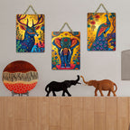 Artvibes Sacred Elephant Jungle Wooden Art Decoration Item for Home | Wall Sculpture | Signs & Plaques | Modern Decor Artwork | Wall Poster | Handcrafted Art | Ideal Gifts (WH_9666N), Set of 3
