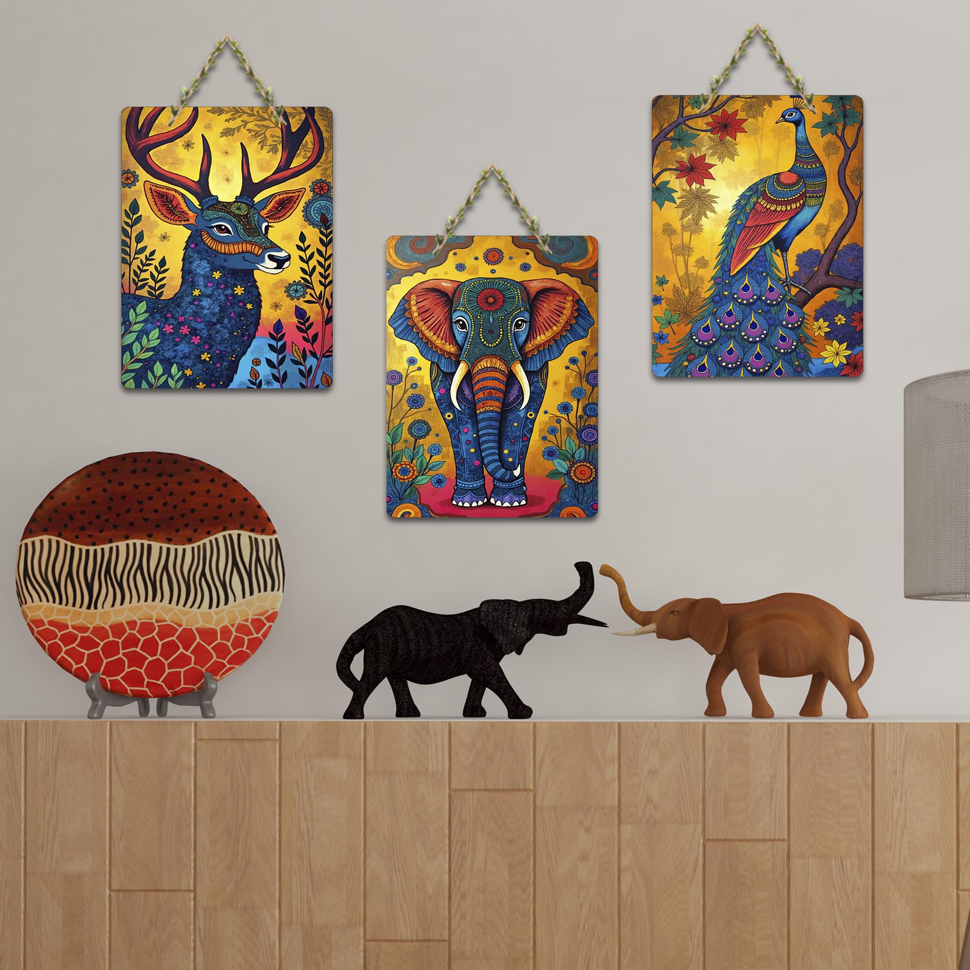 Artvibes Sacred Elephant Jungle Wooden Art Decoration Item for Home | Wall Sculpture | Signs & Plaques | Modern Decor Artwork | Wall Poster | Handcrafted Art | Ideal Gifts (WH_9666N), Set of 3