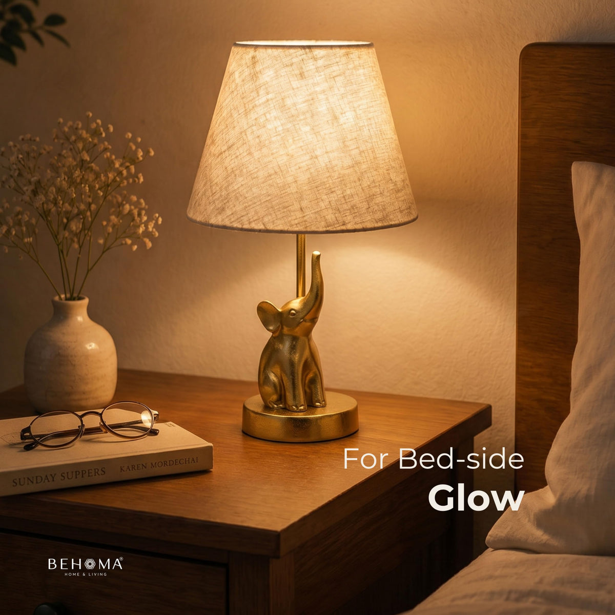 BEHOMA Elephant Table Lamp with Antique Metal Base & Fabric Shade