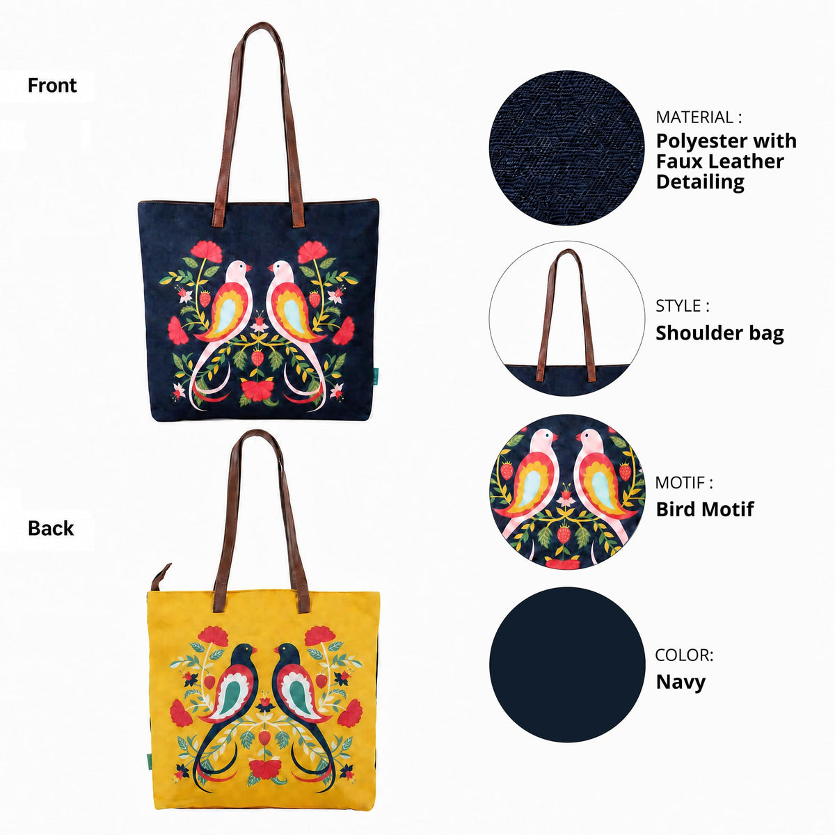 Chumbak Feathered Mates Tote Bag – Canvas Shoulder Bag for Women, Colorful Bird Print, Zipper Closure, Ideal for College, Travel, Office