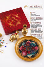 R Ayurveda Copper Mandala Metal Tray - 6 Inch Decorative Round Platter for Wedding & Birthday Gifts - Artistic Handcrafted Design Gold Finish Gold Foiling for Home Decor with Printed Gift Box