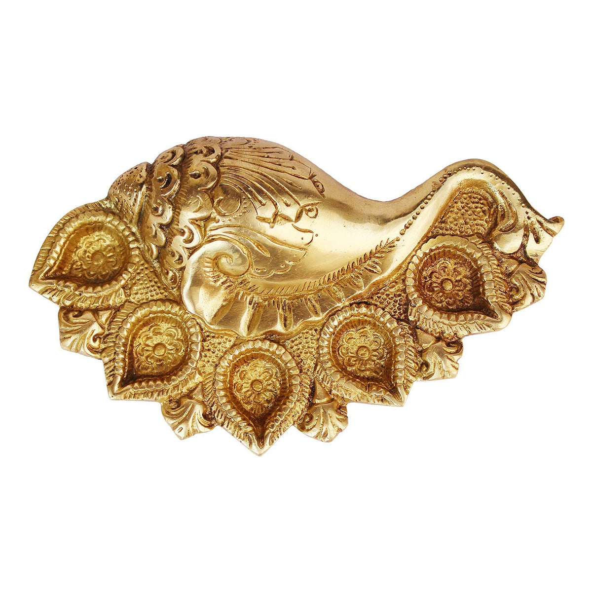 Svarup Gold Color Brass Ganesh-Conch Diya: Small Size with Five Lamps for Puja.