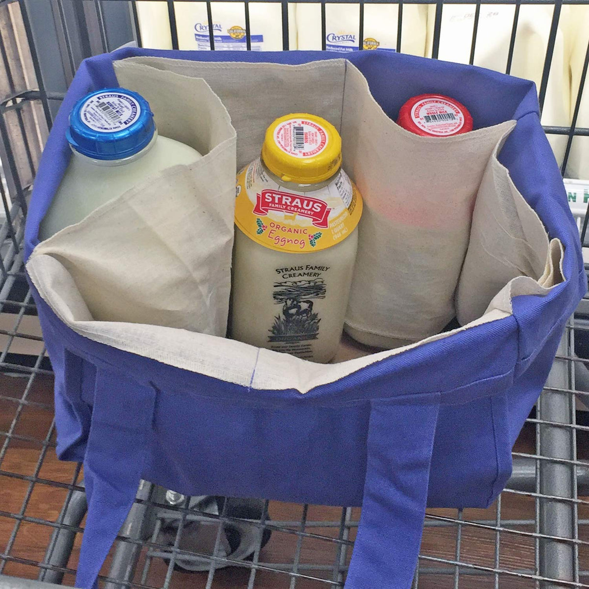 Simple Ecology Organic Cotton Deluxe Reusable Grocery Shopping Bag with Bottle Sleeves - Blue (Heavy Duty, Washable, Durable Handles, Foldable, Craft & Gift Bag, 6 Bottle Wine Bag Carrier)