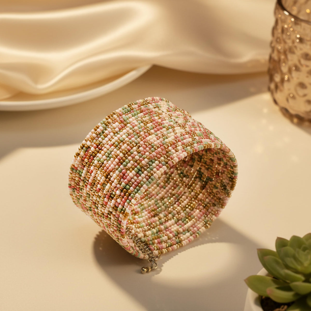 BOHENOOR Multi-Color Pastel Seed Bead Cuff Bracelet for Women - Handmade Boho Chic Wide Bangle - Ethnic Statement Jewelry for Teens - Lightweight Adjustable Bead Wrap - Colorful Spring Style