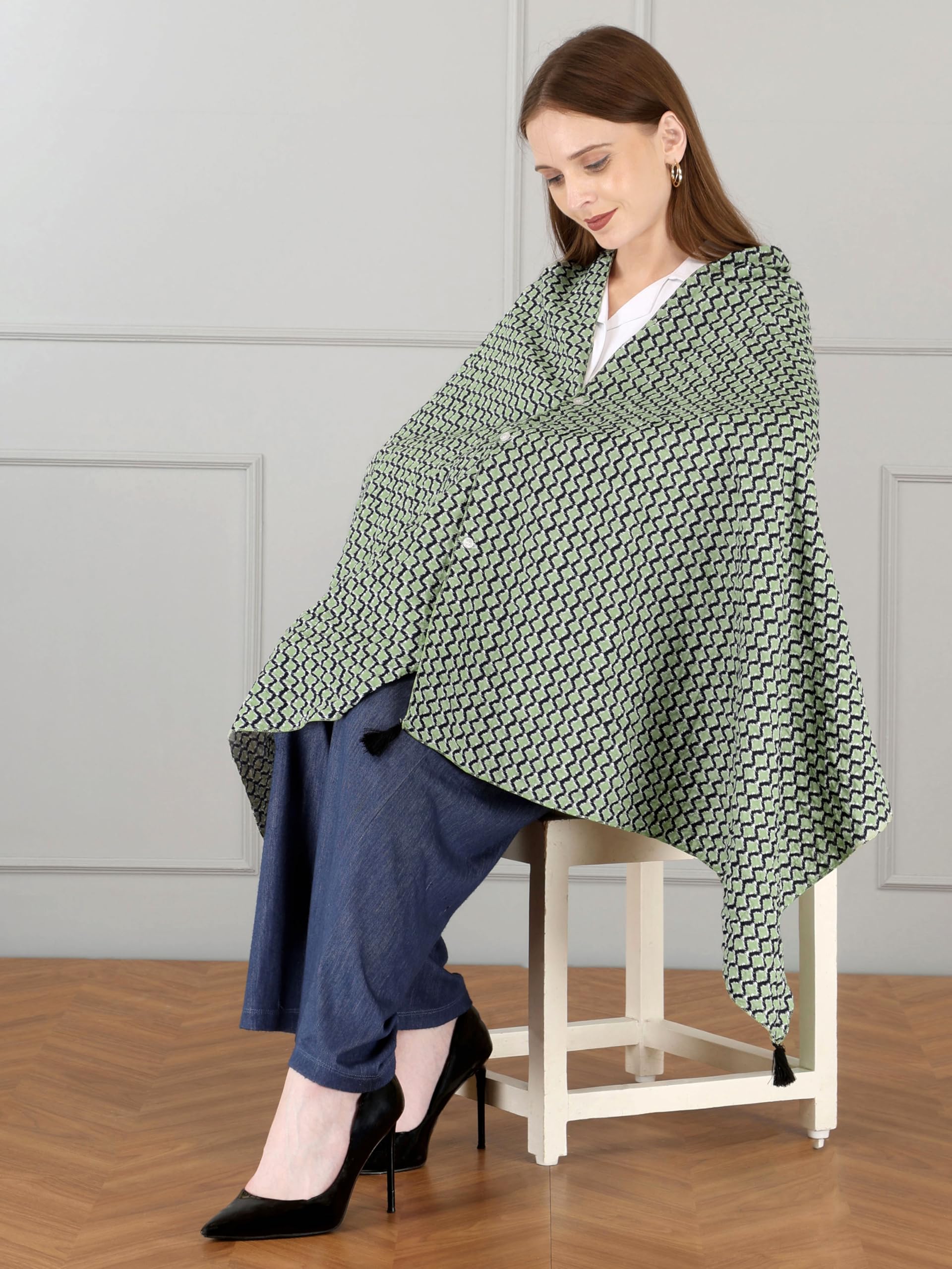 Switchon Rayon Nursing Cover for Breastfeeding Multi Use Poncho Style Scarf with Buttons, Feeding Apron Breathable for Pre & Post Pregnancy free size (72inch x 22inch) (Green_Black)