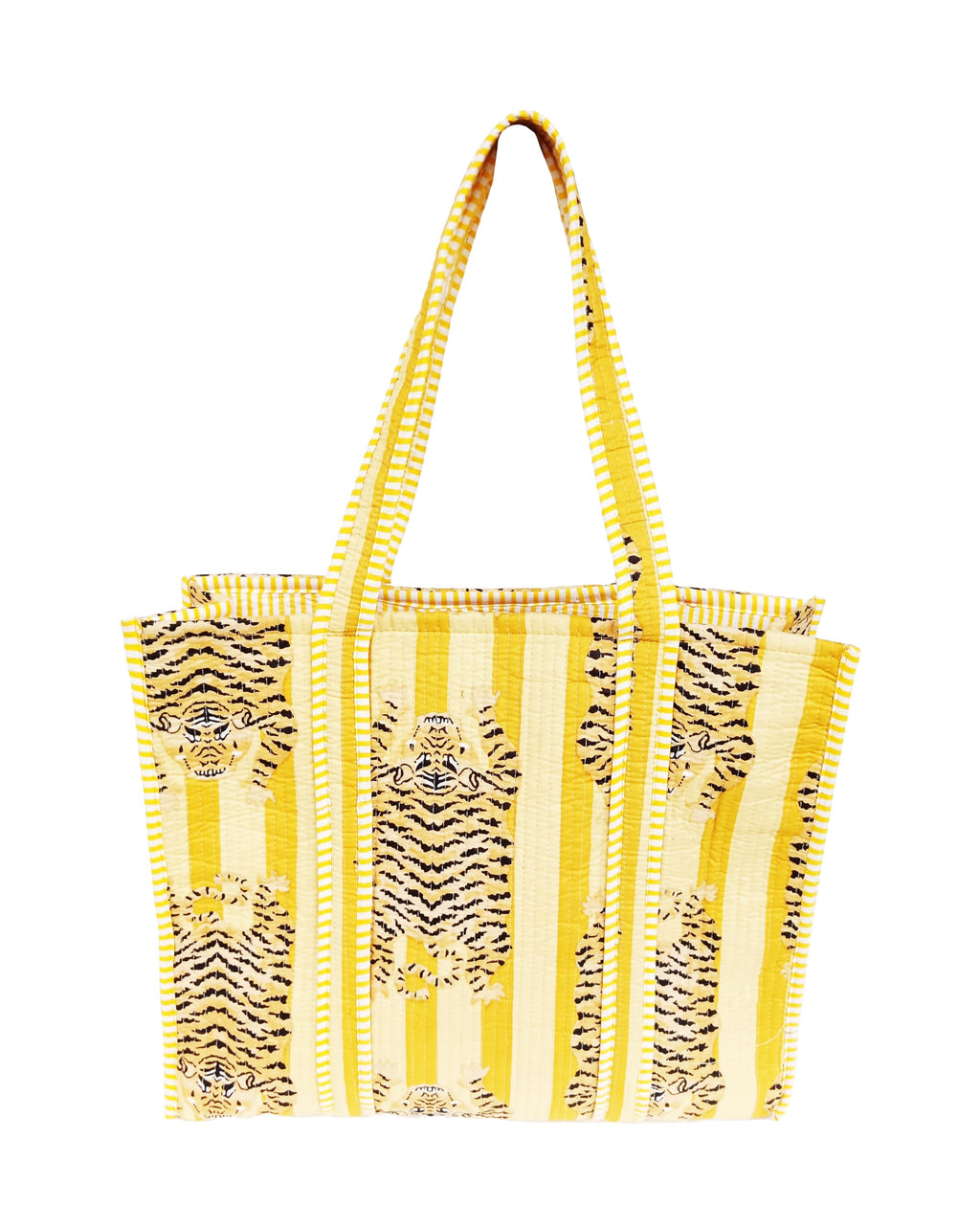 Rastogi Handicrafts Quilted Cotton Women Beautiful Printed Grocery Shopping Bag, Shoulder Bag, Tote Bag, Travel Bags, Light Yellow, 18X6X15 Inch