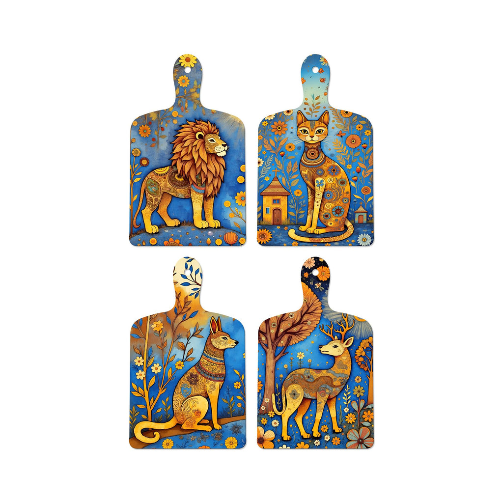Artvibes Royal Lion Swamp Deer Cat & Fox Folk Art Decorative Wall Art MDF Wooden Wall Hanger for Home | Door Decoration Items | Artwork | Aesthetic Wooden Decor | Ideal Gifts (WH_5645N), Set of 4