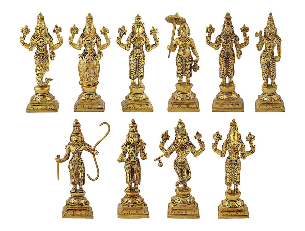 SVARUP Brass Dashavatara Dasavatharam of Lord Vishnu Statues Ten Incarnations Avatars Idol Murti for Mandir Puja Temple (Gold Color Height 6 Inches)