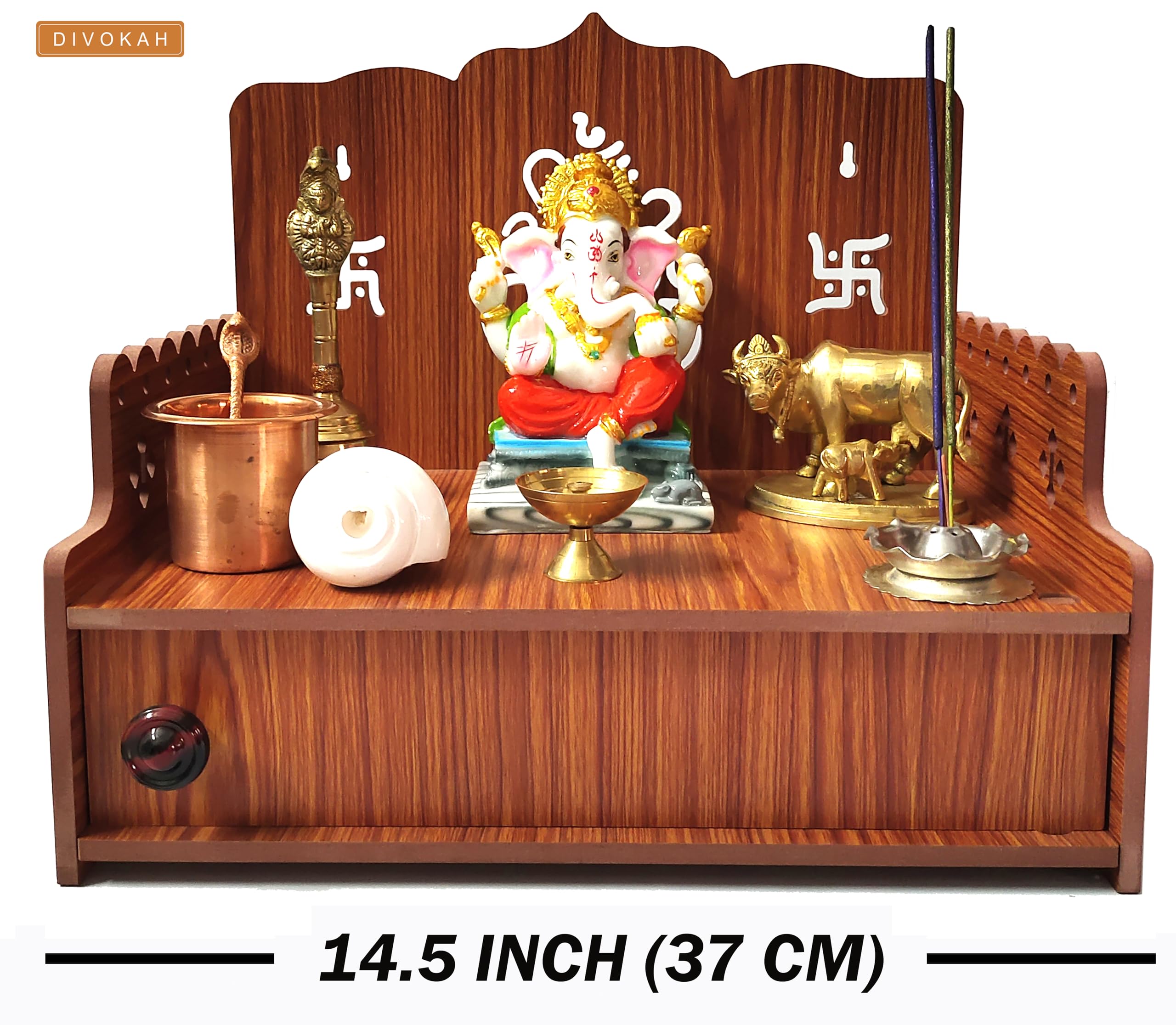 DIVOKAH® Beautiful MDF Wooden Temple/Home Temple/Pooja Mandir (8 MM Plywood Thickness) (W- 14.5, L- 9.5, H-13 INCH) (WDN 14DORNTP)