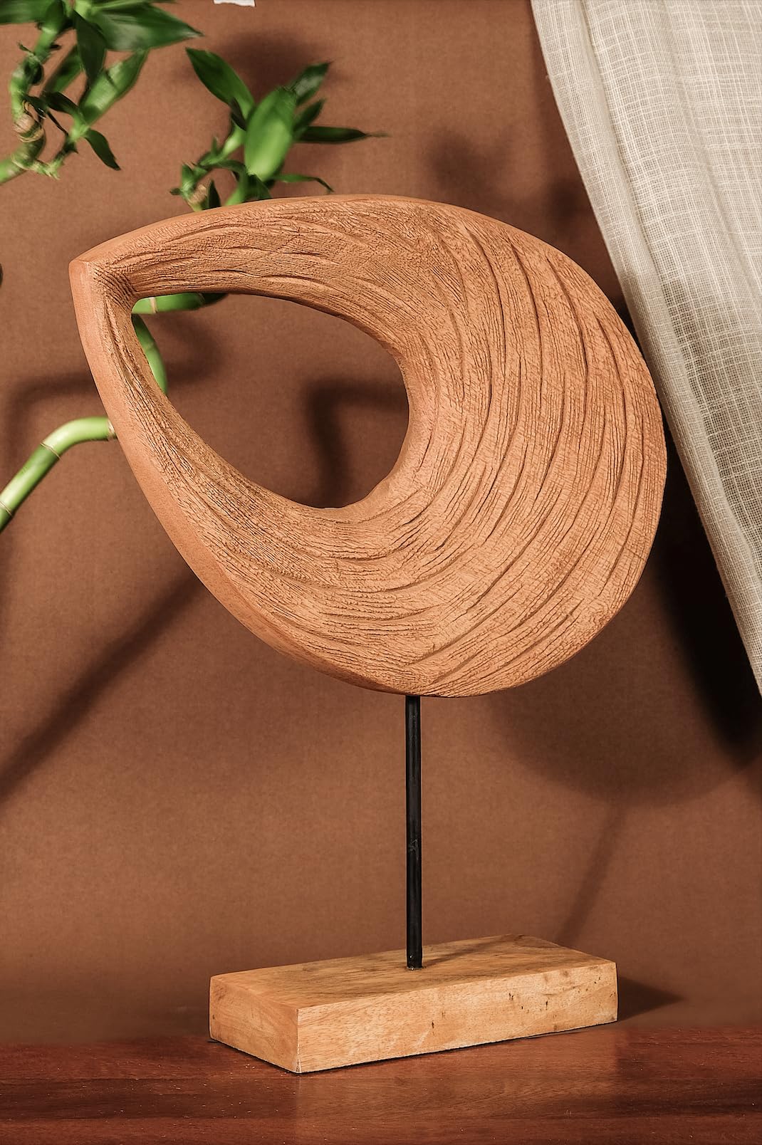 Abstract Wooden Sculpture, Teardrop Wooden Sculpture on Stand Handcrafted Art on a Metal Stand | Modern Organic Home Décor. 45 Cm Height
