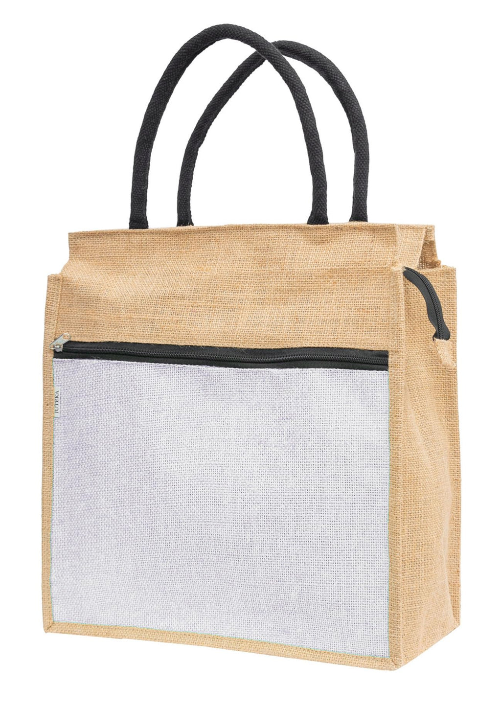 JUTEKA Front Zip Pocket white color Jute Bag for Lunch, Office, Grocery, Picnic, Tiffin, Shopping Hand Bag with padded cotton handles