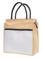JUTEKA Front Zip Pocket white color Jute Bag for Lunch, Office, Grocery, Picnic, Tiffin, Shopping Hand Bag with padded cotton handles
