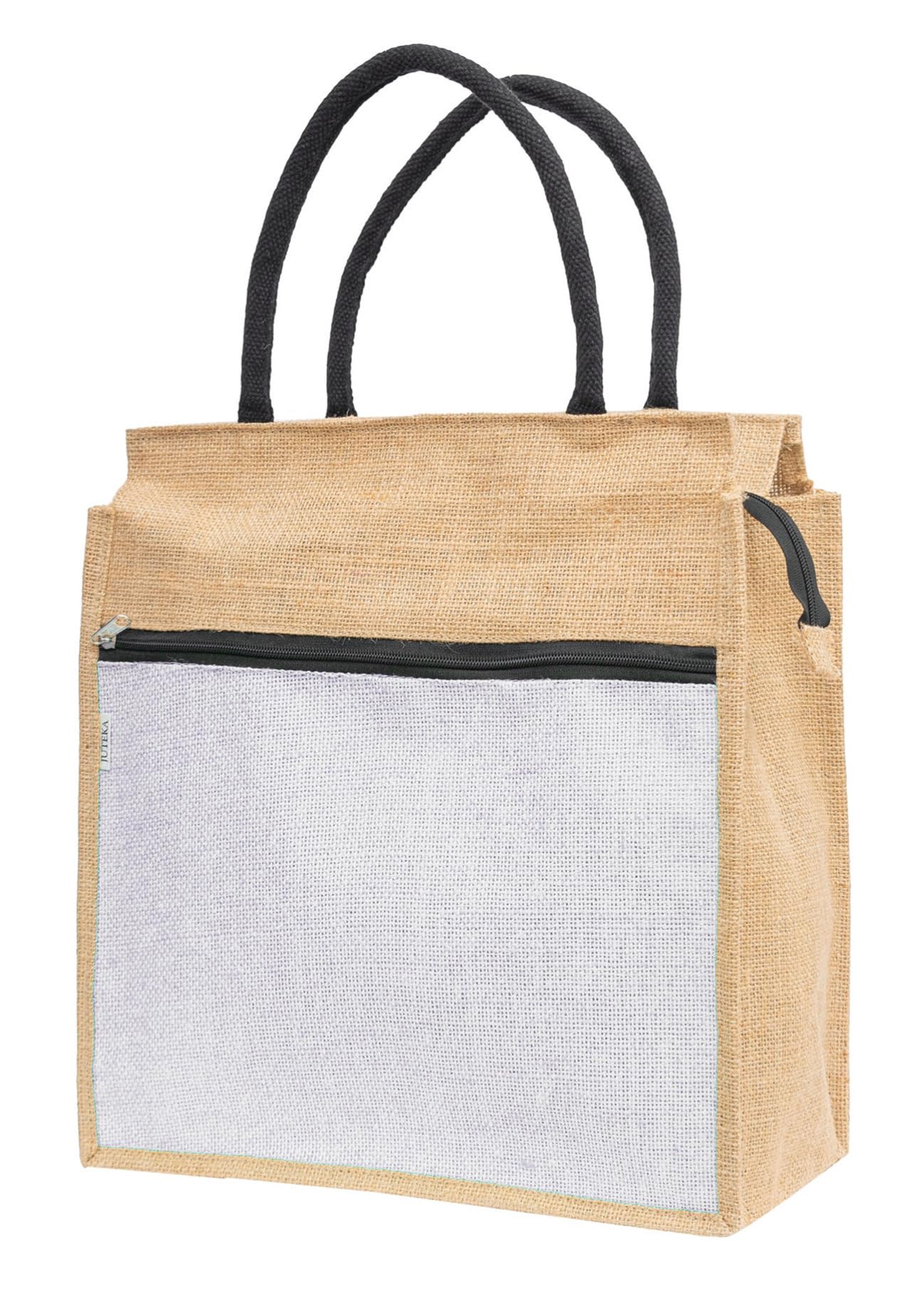 JUTEKA Front Zip Pocket white color Jute Bag for Lunch, Office, Grocery, Picnic, Tiffin, Shopping Hand Bag with padded cotton handles