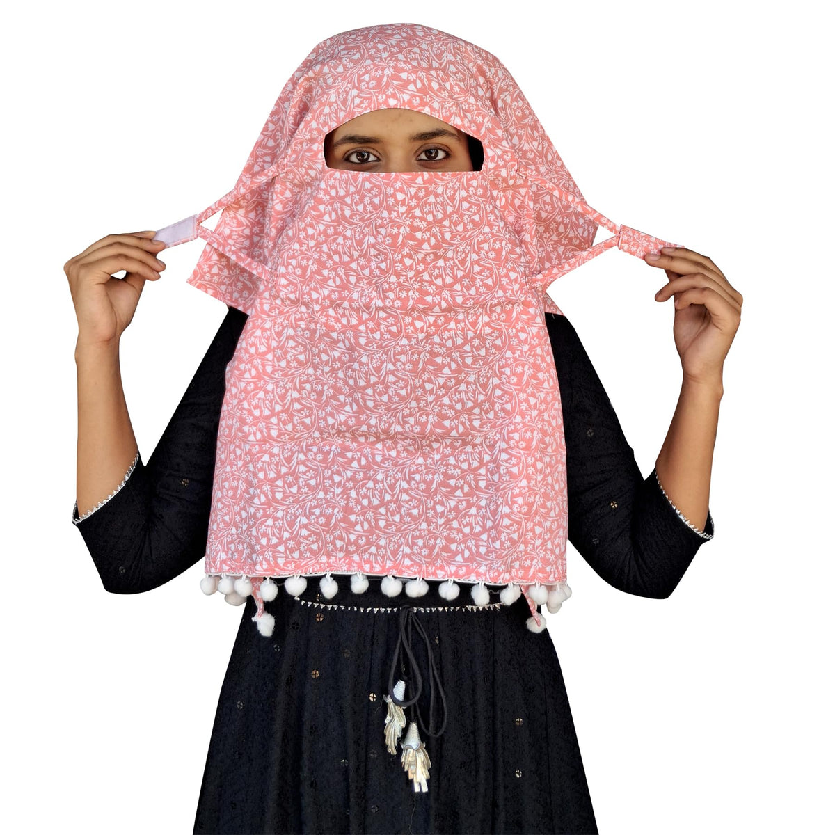 Switchon Scarf Hijab Rayon Printed fancy scarf for women Size Adjustable -Hook loop tape (Peach_White)