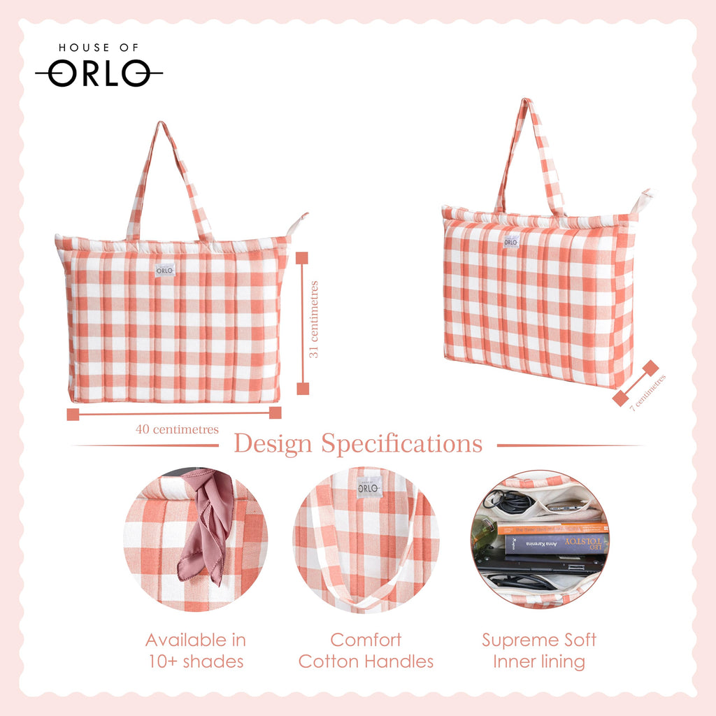 HOUSE OF ORLO: Pinteresty QUILTED 100% Cotton Checked Tote Bags with Zipper for Women - For College, Travel, Work and Daily Use -Large, Terracotta