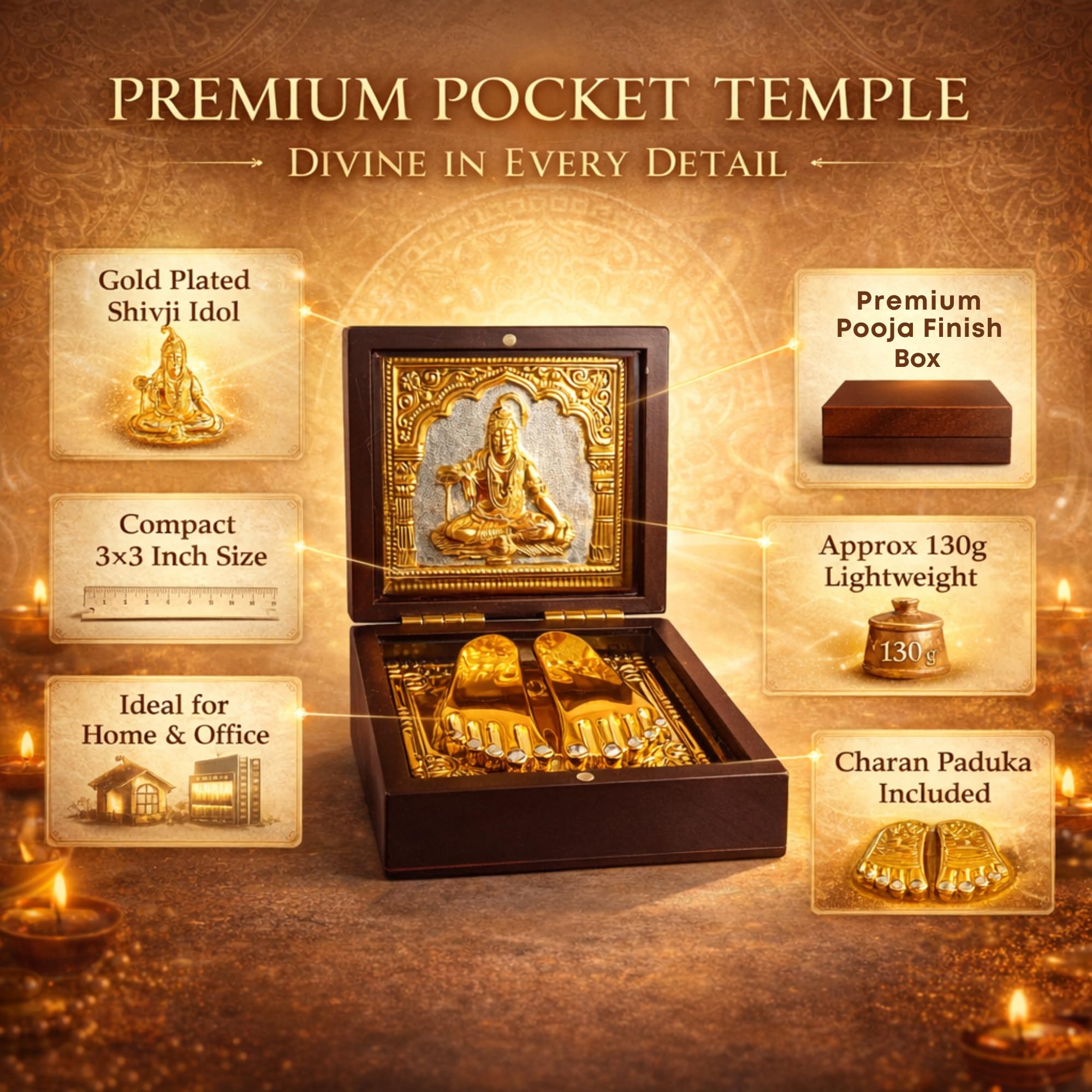 Gold Plated Lord Shivji Idol for Pooja Box | Pocket Temple Shivji with Charan Paduka |Mini Shiva Murti for Home Office Car Dashboard | Pocket Temple Pooja Box |Spiritual Gift Religious Decor for Pooja