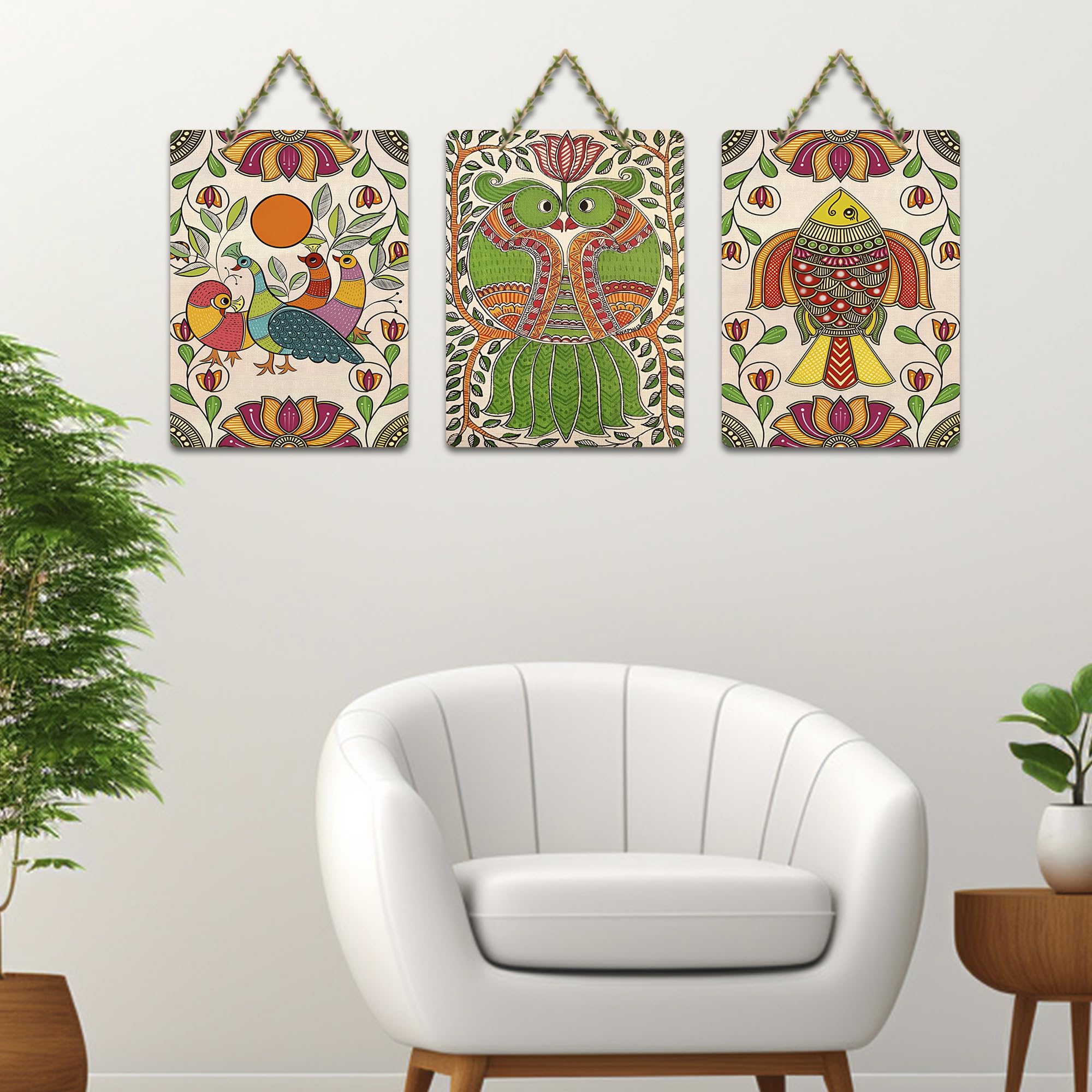 Artvibes Birds & Fish Traditional Indian Folk Art Home Decorative MDF Wooden Wall Art for Home | Office | Cafe | Aesthetic Wooden Decor | Graphic Artwork | Unique Gift Items (WH_9636N), Set of 3