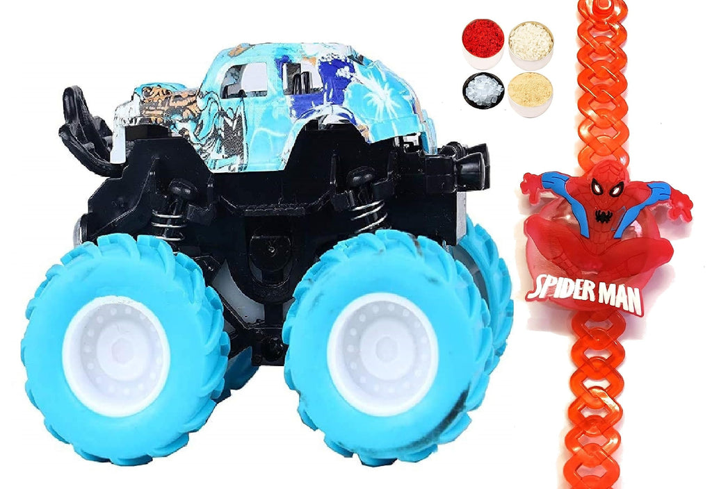 Velour Shoppe LED Light Spider Rakhi for Kids Brother, Toy Car Gift & Roli Chandan Chawal Mishri Pack for Little Small Baby Bhai Bhaiya