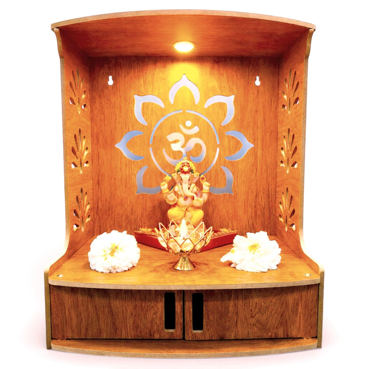 Devson™ Beautiful Wooden Temple | MDF Pooja MANDIR for Home and Office use with LED SPOT Light | Engineered Wood Pooja Stand with Storage Shelves | Size - H 15.5 x L 12.5 x W 9 inch | 12LIT