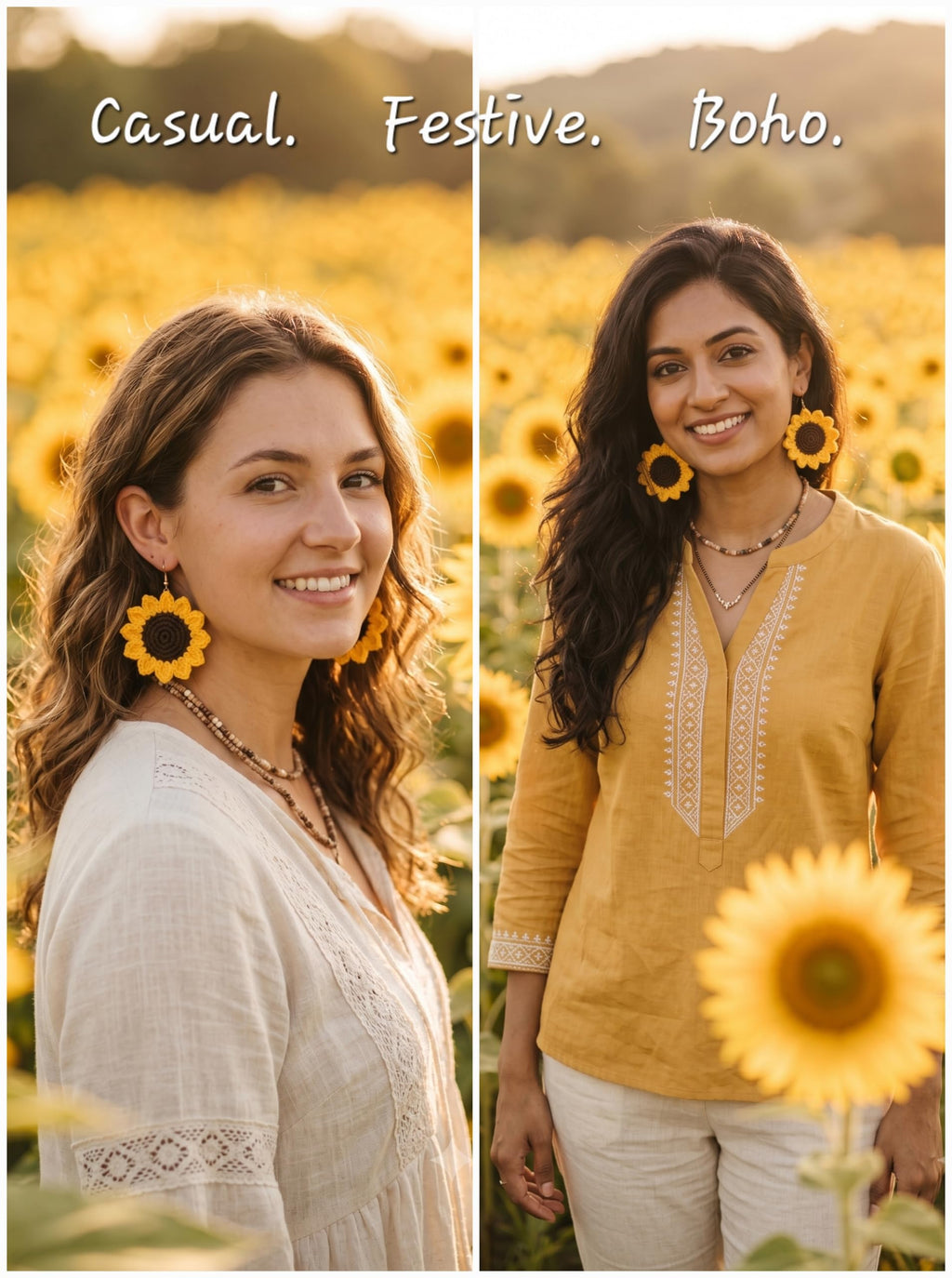 Handmade Crochet Sunflower Earrings for Women and Girls | Lightweight Floral Boho Earrings for Women | Knitted Handmade Jewellery | Gift for Girls & Women