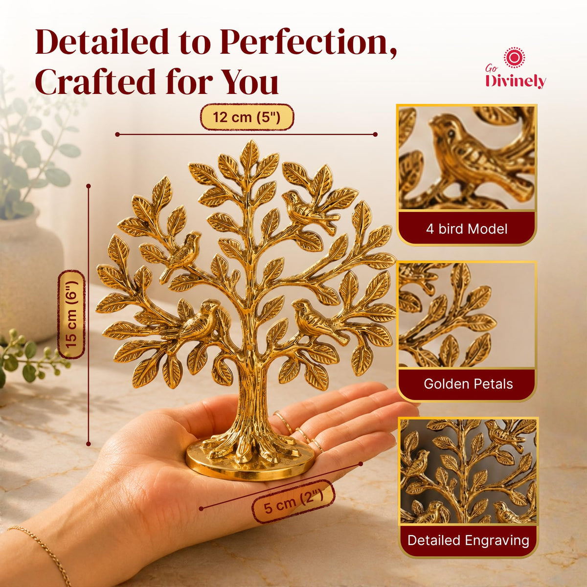 GoDivinely Certified 100% Pure Brass Kalpavriksha Tree Showpiece with 4 Birds (6 Inch) | Tree of Life Brass Decoration for Home, Vastu Decor, Housewarming Gift, Free Vastu Yoga eBook, 30 Days Warranty