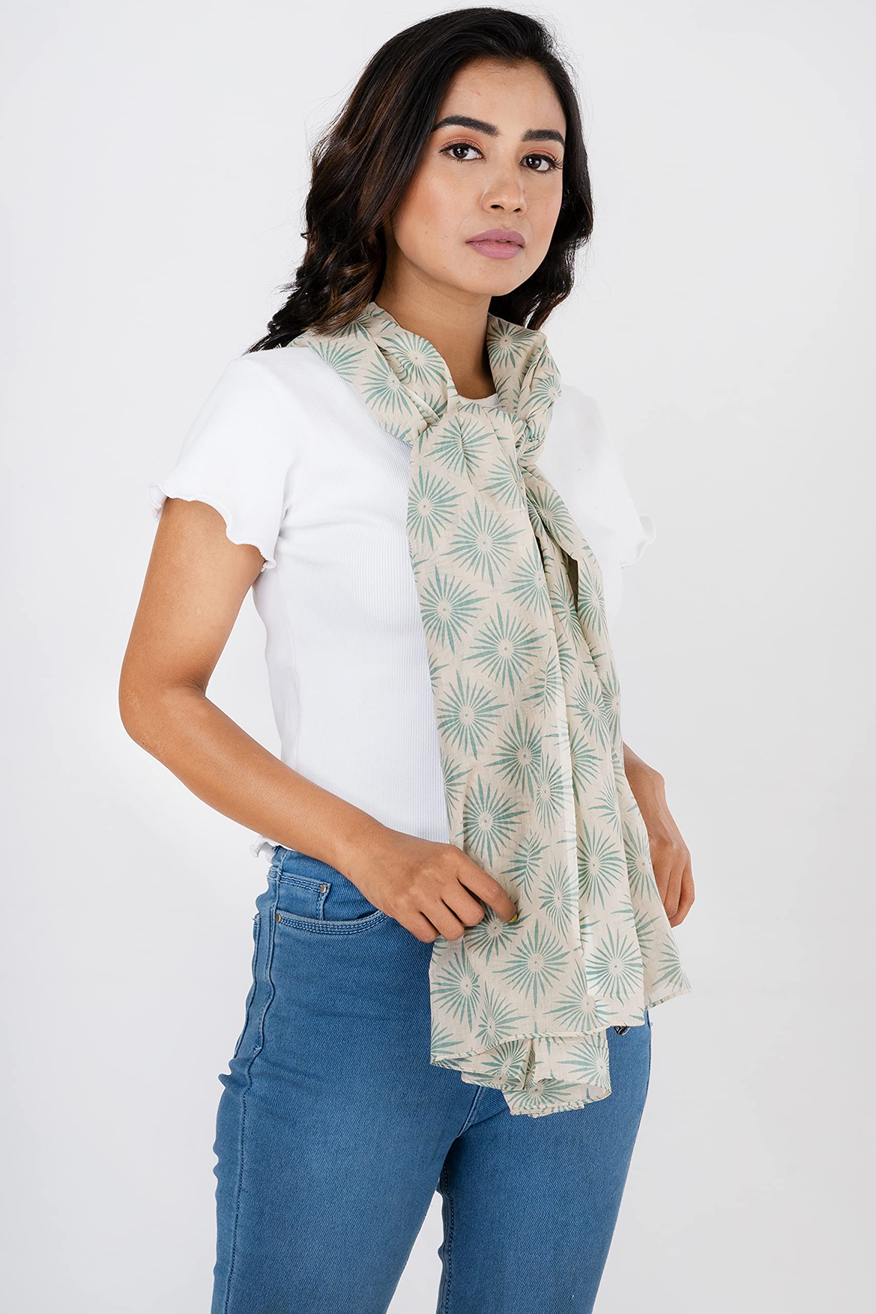 AQVA Printed Cotton Scarf for Women Stylish (Sitara Ecru petrol) | Head and Face Cover Scarf for Girls with 100% Cotton | Soft & Lightweight Scarves/Stoles for all Weather (72 x 43 in)