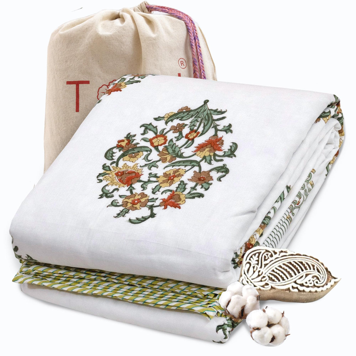 TOAIArt Premium Jaipuri Dohar | AC Blanket Summer Quilt | Hand Block Printed | 3 Layers | Reversible | 150GSM 100% Mulmul Cotton | 100% Cotton Flannel Filling | Single 60 X 90|Earthy Mugal Motif Kafalo