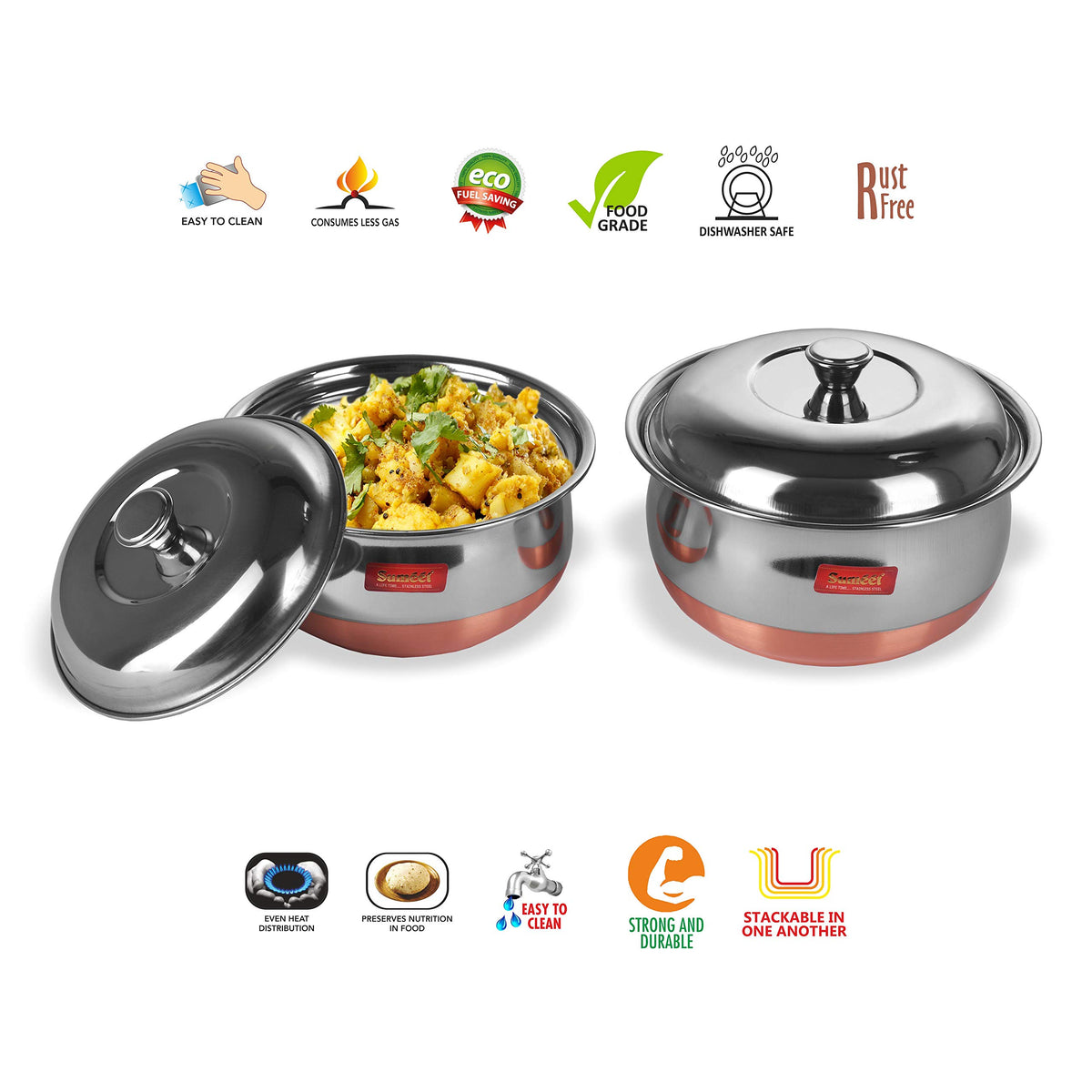 Sumeet Stainless Steel Copper Bottom Multipurpose Cook & Serve Handi With Lid - 2 Pcs Set (1.1 Liter, 1.3 Liter)