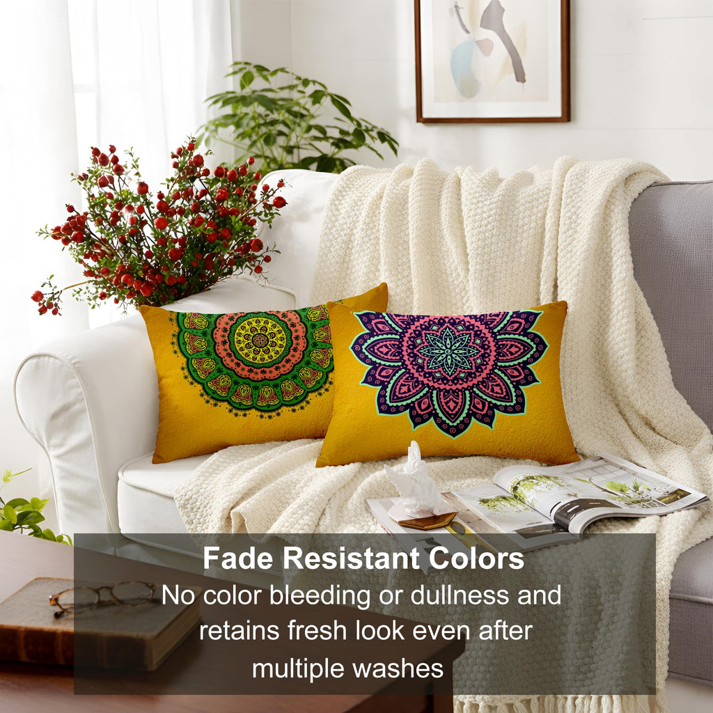 STITCHNEST Set of 2 Gajraj Folk Art Collection Printed Jute Cushion Covers 12x18 Inches | Decorative Throw Pillow Covers for Sofa, Living Room, Bedroom | Perfect for Home Decor