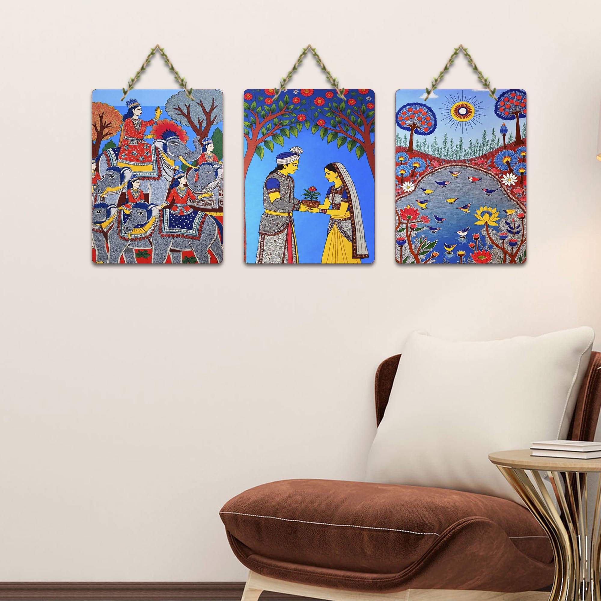 Artvibes Traditional Indian Home Decor Items for Decorative Wall Art MDF Wooden Wall Hanger for Home | Art For Wall | Door Decoration Items | Aesthetic Wooden Decor | Ideal Gifts (WH_9609N), Set of 3