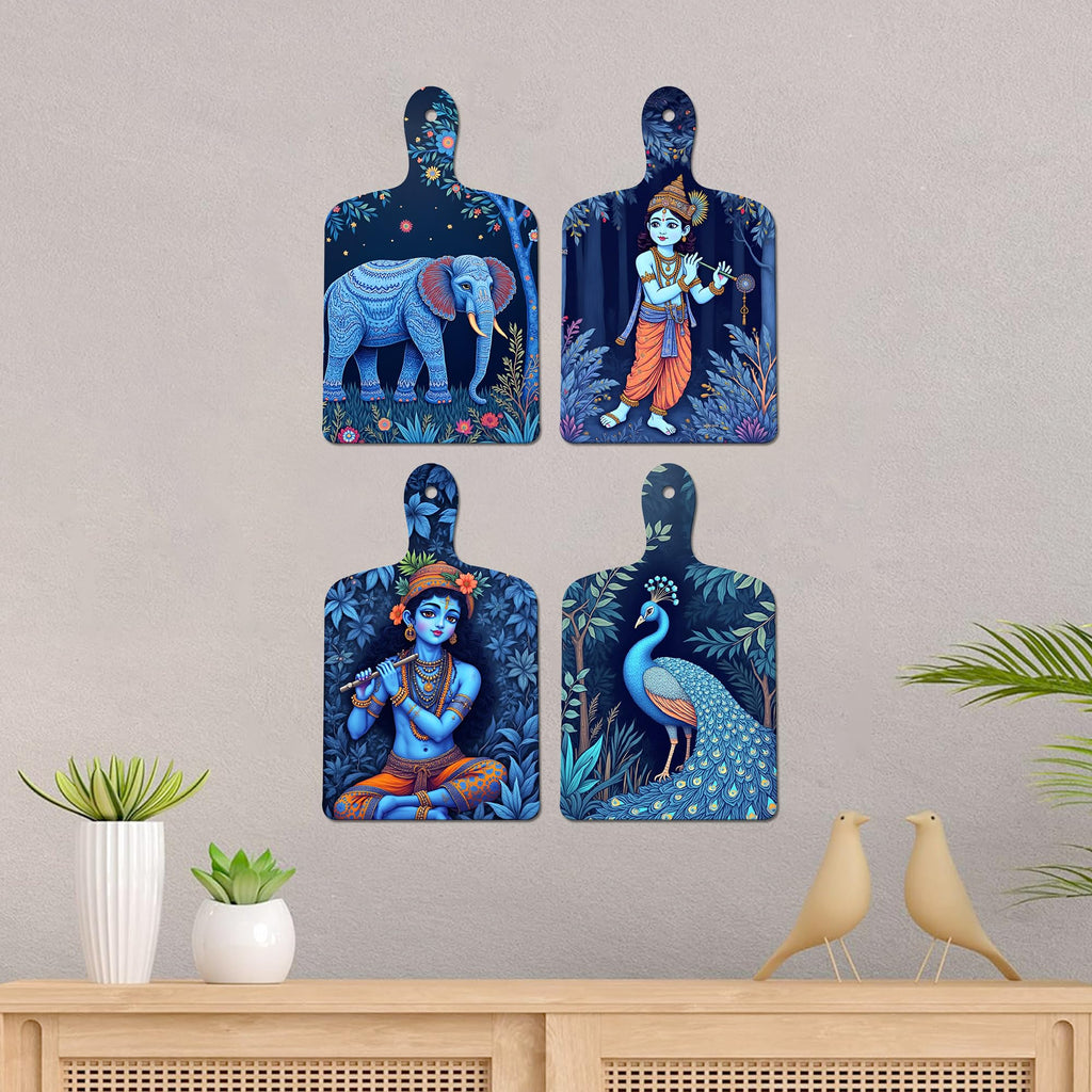 Artvibes Divine Bal Shri Krishna Playing Flute Modern Art Wall And Door Hanging for Home | Spiritual Decor Items | Wall Illustrations | Artwork | Painting | Gift Items (WH_5640N), Set of 4