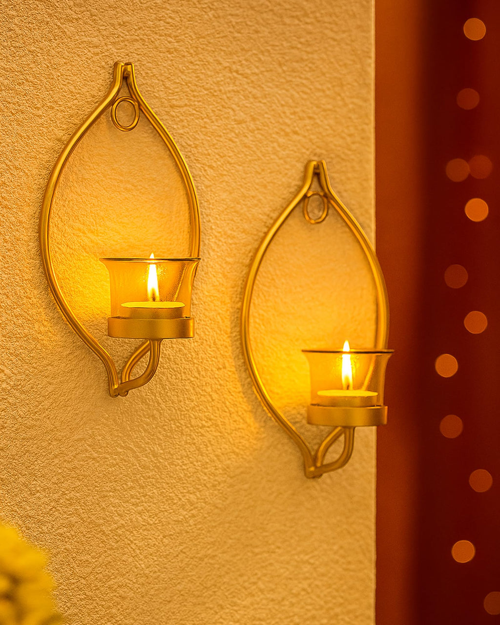 Homesake® Wall Candle Sconce Set of 2 with Glass Hurricane & Free Tealight Candles | Iron Wall Mounted Candle Holders for Living Room, Bedroom, Hallway, Home Decor | Eye Design, Yellow Gold & Black