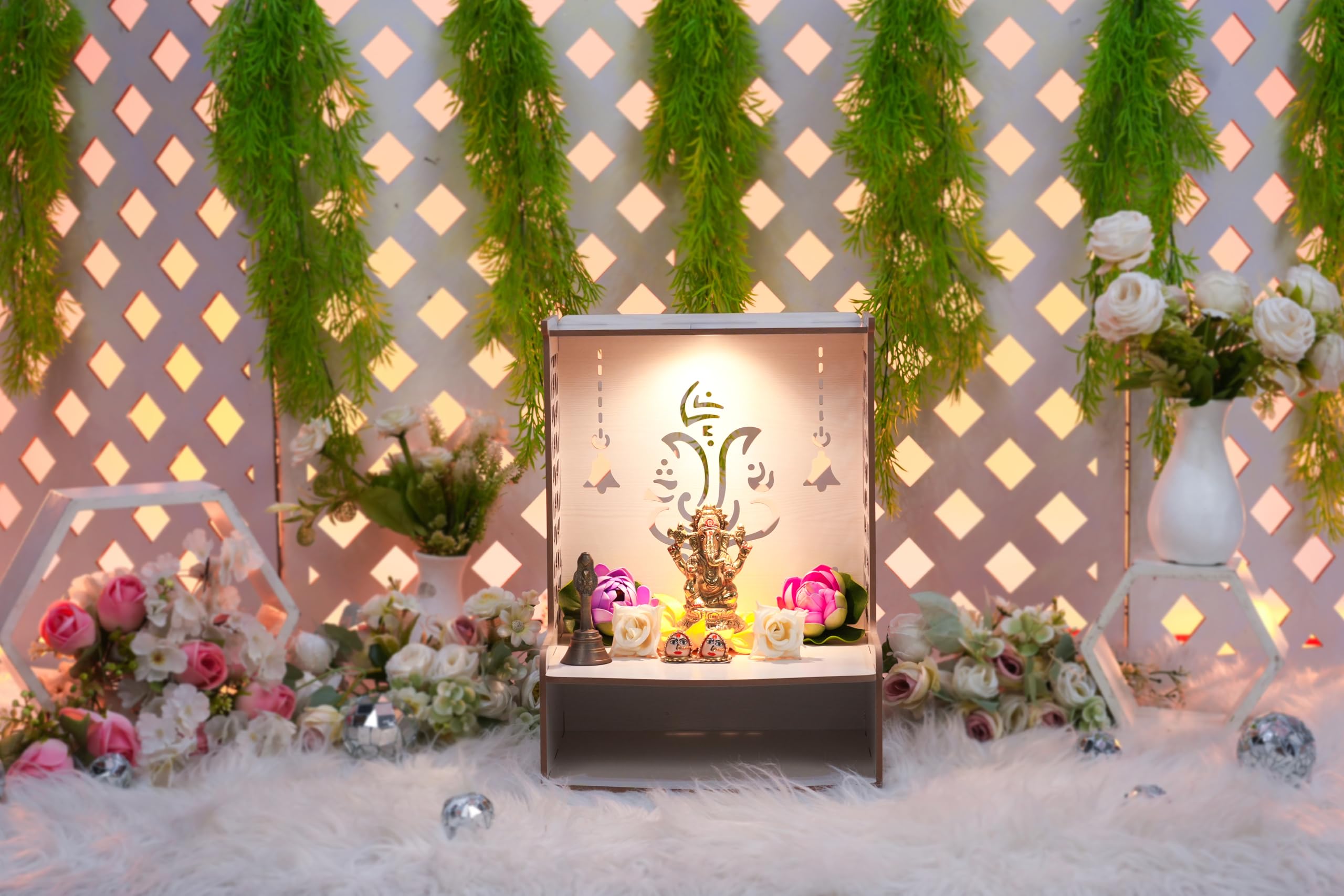PIXELCRAFTS Wooden Temple Puja Mandir Art and Craft Temple for Home Shop Office with LED SPOT Light. (Size – H 15.5X L 11.5 x W 10.5 inch) White 2