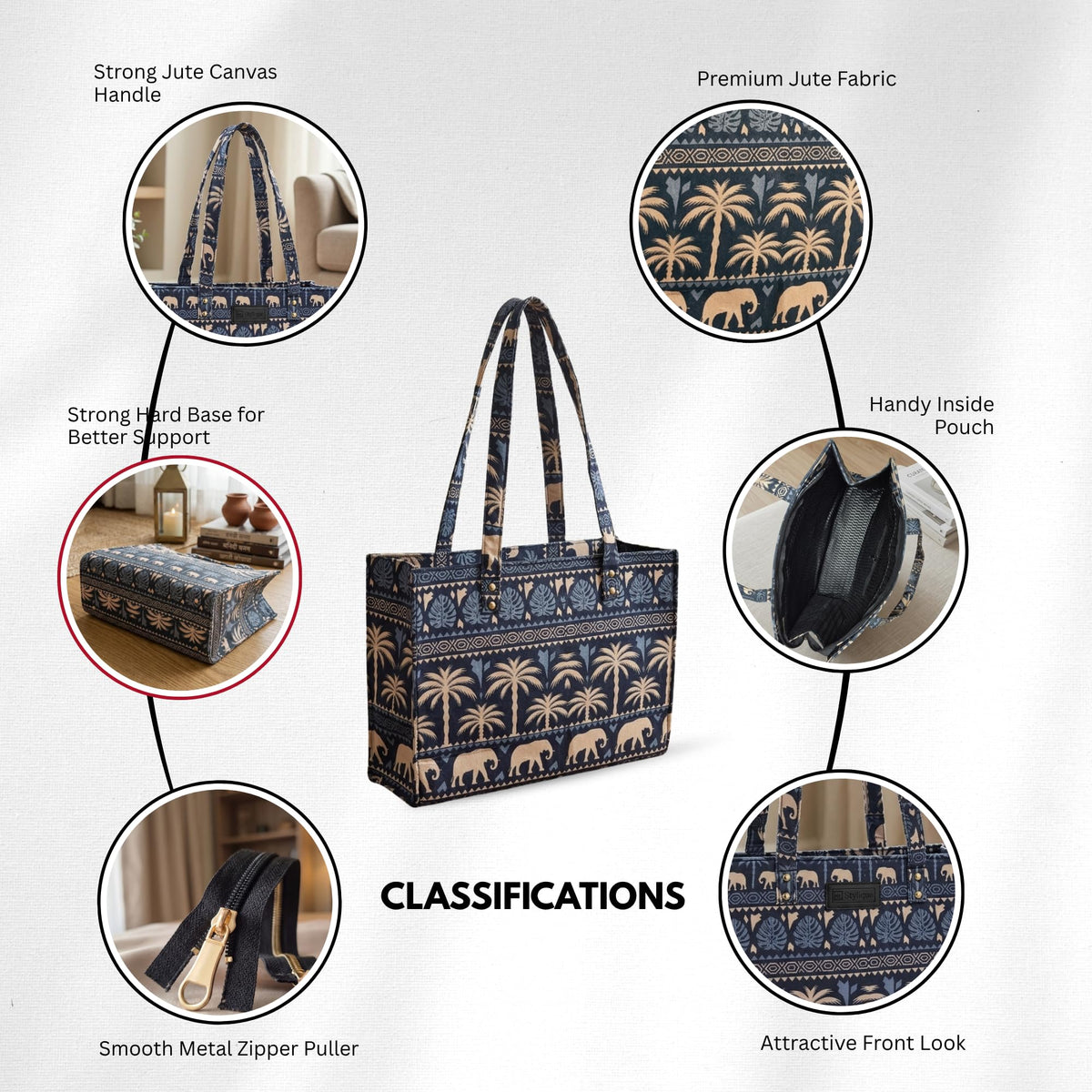 Stylique Large Canvas Jute Cotton Tote Handbag | Stylish Women Shoulder Bag | Premium Office Laptop Shopper with Zipper | Reusable College Travel Casual Work Purse (Blue)
