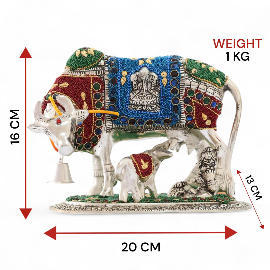 KridayKraft Gold Plated Kamdhenu Cow with Calf Metal Statue for Good Luck Feng Shui & Vastu Showpiece Religious Idol Fingures for Home and Office Table Decor