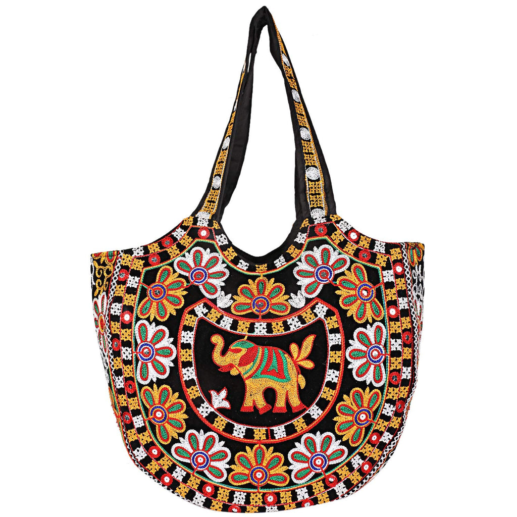 Craft Trade Women's Cotton Tote Bag with Zip 46x30x12 Cm Embroidered Shopping Bag Elephant Design - Black