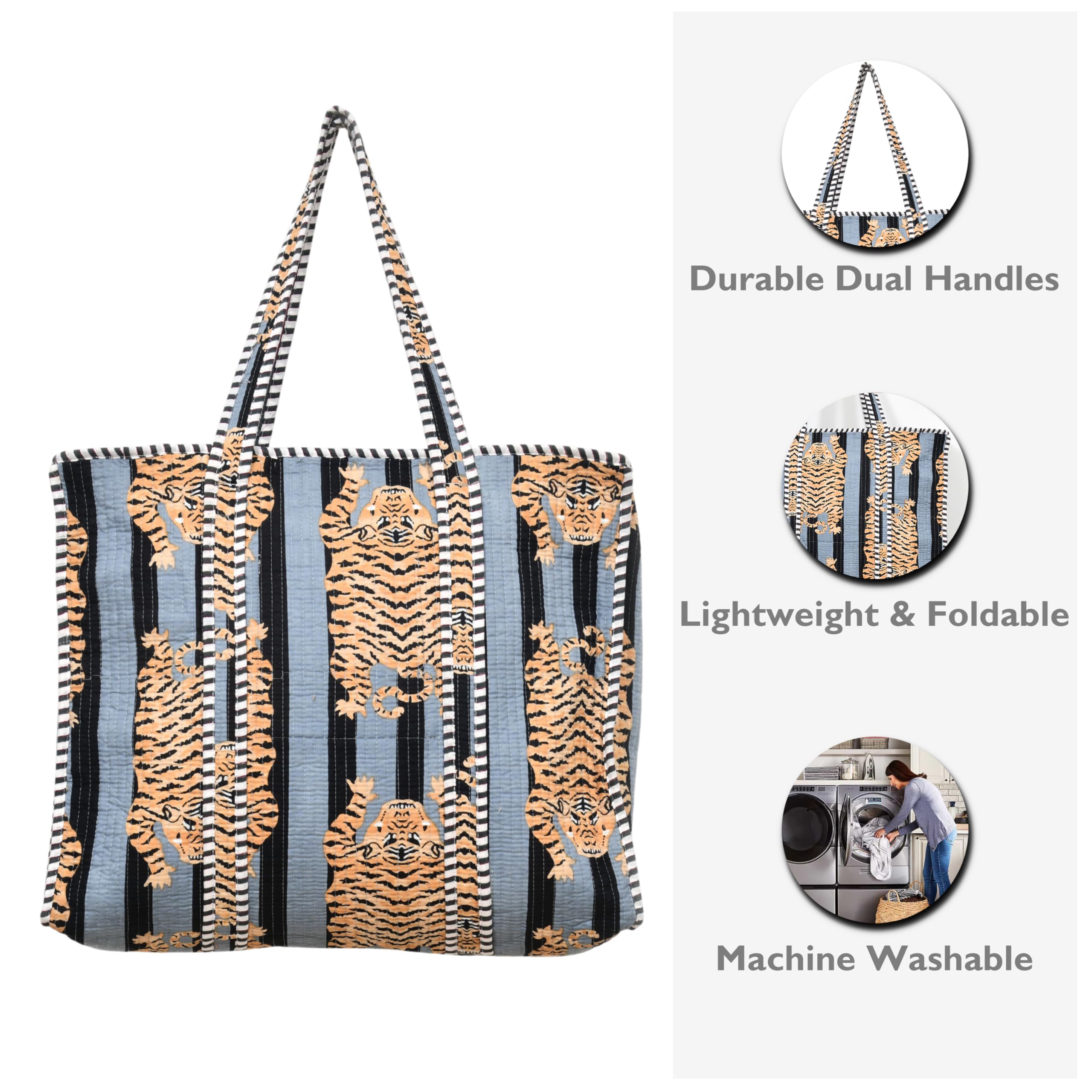 Cotton Quilted Tote Bag for Women, Jungle Print Handbag, Reusable Shoulder Bag with Dual Handles, Lightweight Travel Shopping Tote, Large Capacity Everyday Carry Bag - (Grey tiger bag, 12×12 In)