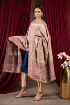 Naureen Women Faux Pashmina Kani Shawl with Mughal Artwork and Zari Accents, Warm and Soft, 40x80 inch