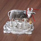 KridayKraft Kamdhenu Cow with Calf Metal Rajasthani Handicrafts Decorative Showpiece for Gifting Anniversary Valentine's Day (Silver)