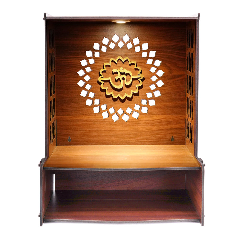 KATHORWARES Wooden Wall Mount Temple for Home with LED Spot Light | Pooja Mandir Stand for Home | Puja Mandir with Lock System & Hanging Hole | Decorative Temple for Home & Office/Shop (Om Swastik)