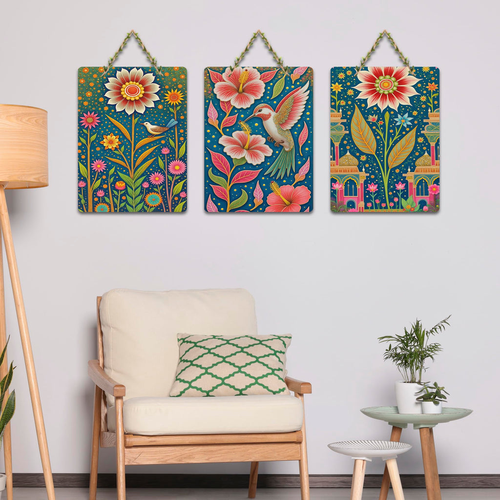 Artvibes Floral Paradise With Bird Wooden Art Decoration Item for Home | Modern Decoration Items | Handcrafted Art | Trendy Decor | Aesthetic Wooden Decor | Unique Gift (WH_9686N), Set of 3