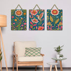 Artvibes Floral Paradise With Bird Wooden Art Decoration Item for Home | Modern Decoration Items | Handcrafted Art | Trendy Decor | Aesthetic Wooden Decor | Unique Gift (WH_9686N), Set of 3