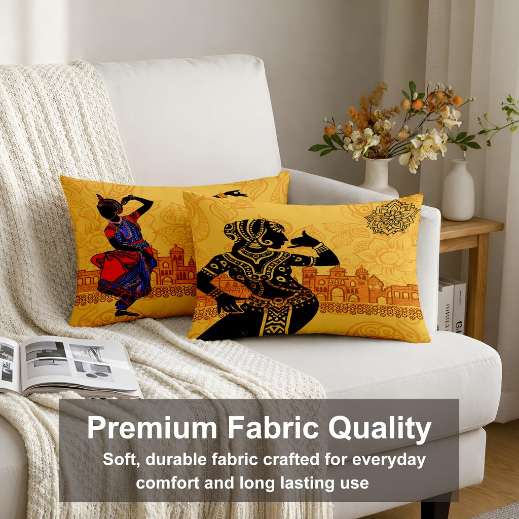 STITCHNEST Set of 2 Nritya Kala Collection Printed Jute Cushion Covers 12x18 Inches | Decorative Throw Pillow Covers for Sofa, Living Room, Bedroom | Perfect for Home Decor