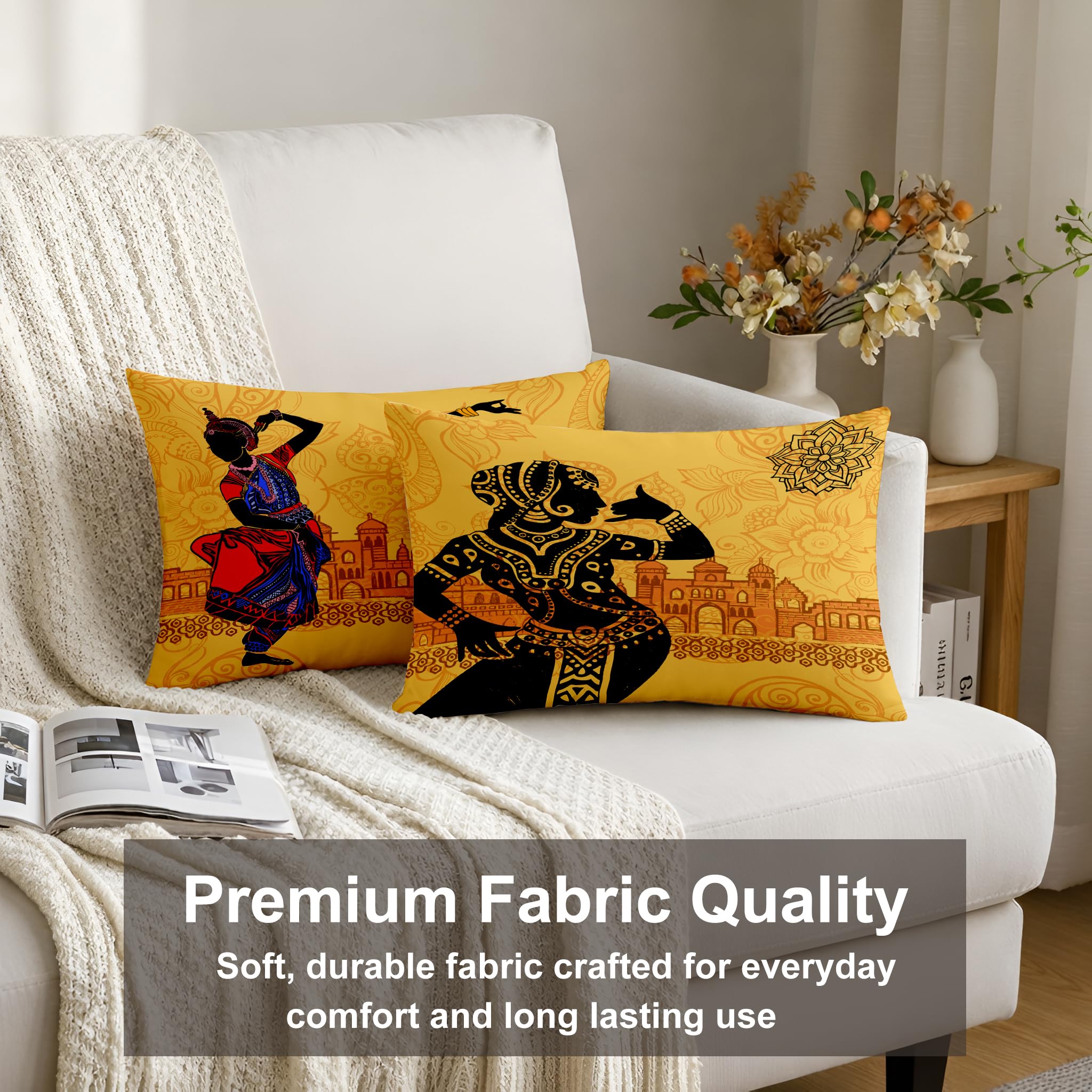 STITCHNEST Set of 2 Nritya Kala Collection Printed Jute Cushion Covers 12x18 Inches | Decorative Throw Pillow Covers for Sofa, Living Room, Bedroom | Perfect for Home Decor