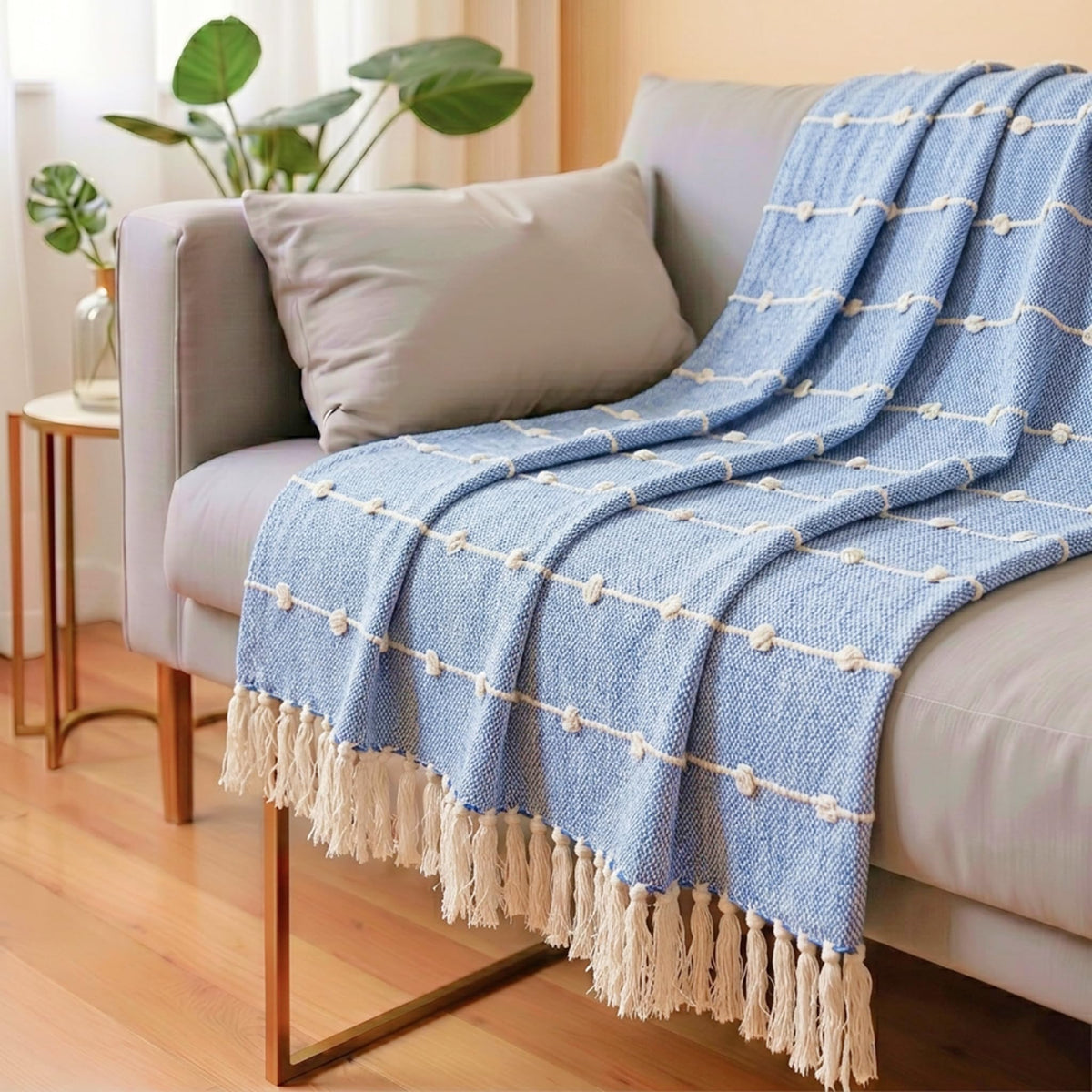 SAJAVAT HOME Hand Knitted Cotton Sofa Throw Blanket | Calm Blue All-Season Throw for Sofa, Couch & Bed | Soft Lightweight Knitted Design with Tassels | 80×52 Inches (204×132 cm) | Blue Kafalo