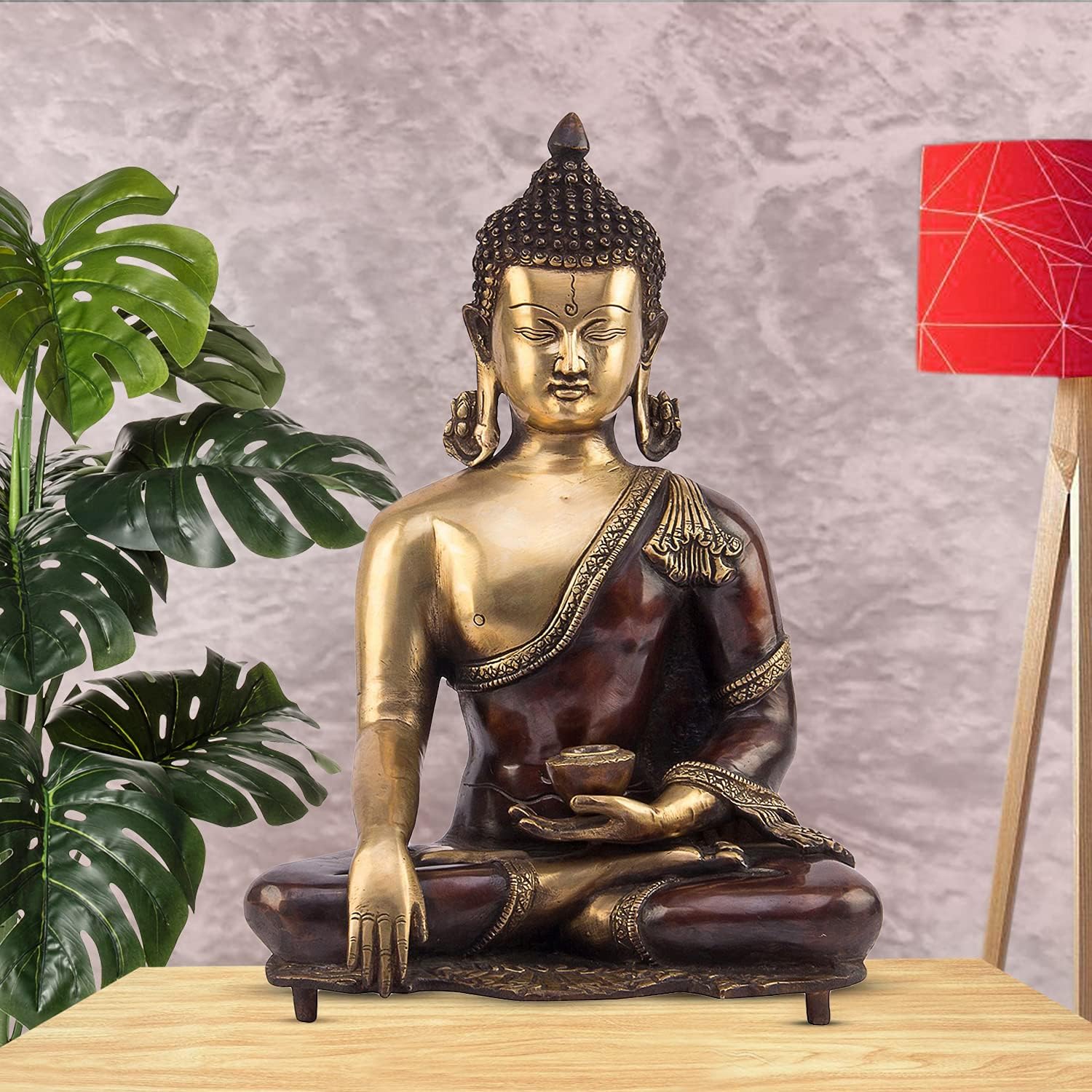 SVARUP Big Brass Buddha Idol Statue Bhumisparsha Gautam Budd Tibetan Buddhist Décor Height 16 Inch Color Copper Gold