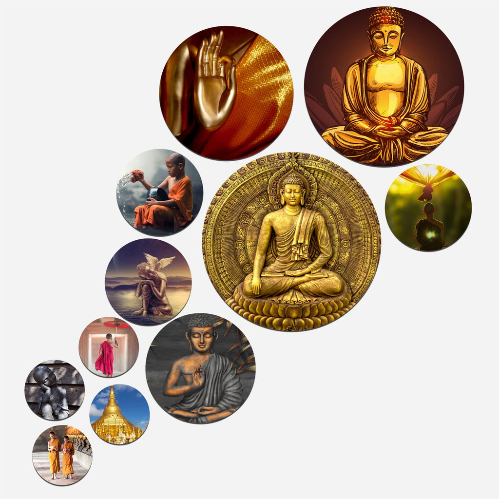 Artvibes Golden Buddha Doing Meditation Round Shape MDF Wooden Wall Decor Items | Wall Art Painting For Hall | Wall Paintings | Handcrafted Art | Ethnic Wall Decor | Gift Items (WPS_123N), Set of 11