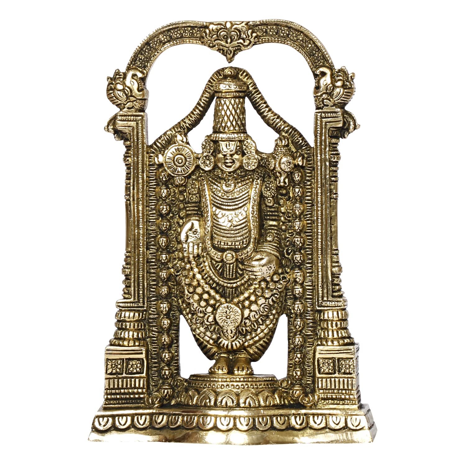 ARTVARKO Brass Tirupati Balaji Venkateshwara Idol Vishnu Chakra Namah Shankh Statue Murti Lord Srinivasa Pooja Vastu Religious Idol for Home Office Temple Decor Gift 8 Inch
