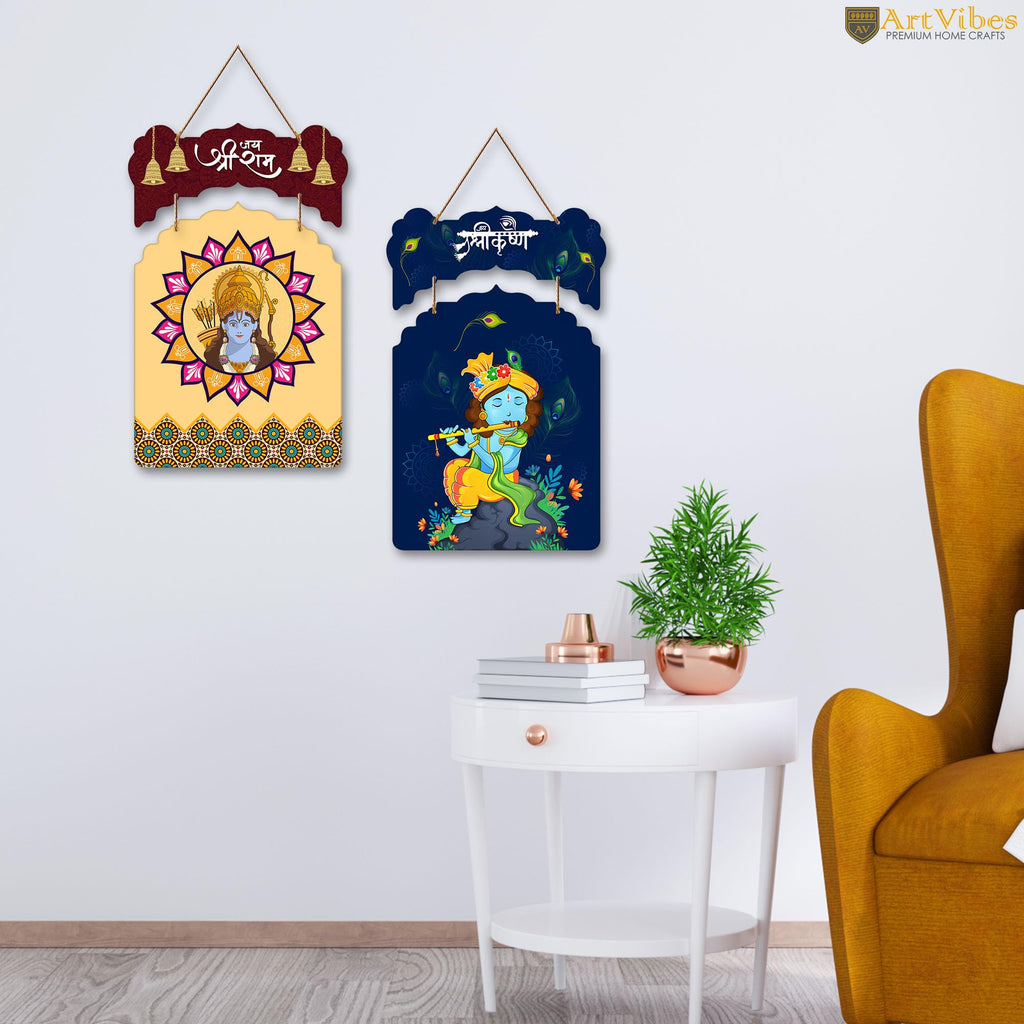 Artvibes Shri Ram and Krishna Wall And Door Hanging for Home Temple | Spiritual Decor Items | Religious Wall Art | Wall Poster | Artwork| Stylish Modern Decor Item | Gift Items (WH_9206N), Set of 2
