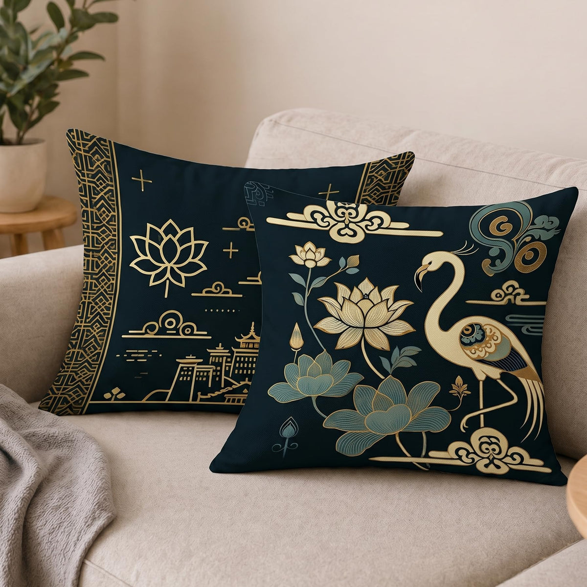 STITCHNEST Satin Cushion Covers with, Lotus & Gold Detailing – 16x16 Inch Decorative Pack of 2 for Living Room, Drawing Room, or Modern Ethnic Home Decor